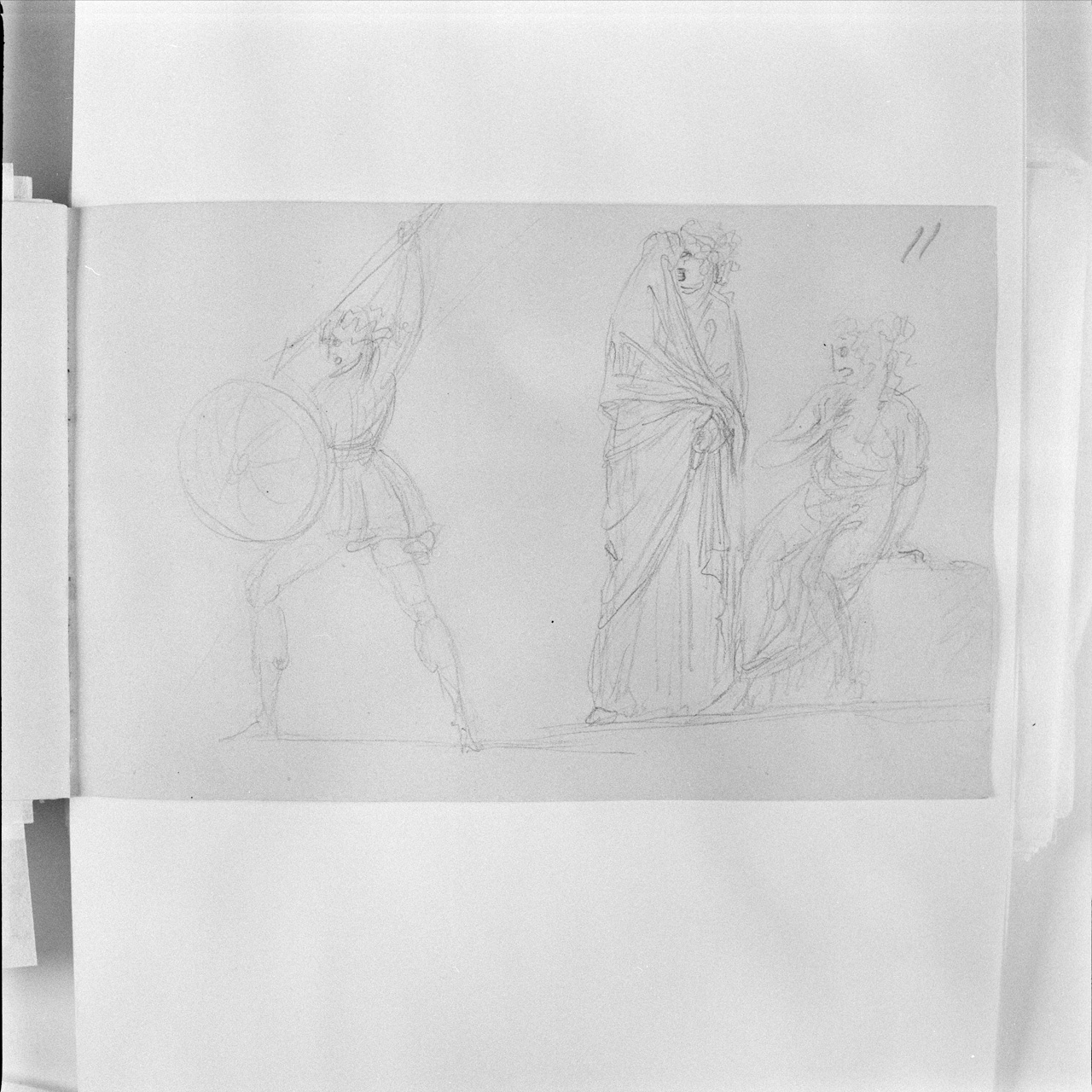 Guerriero in atto di scagliare la lancia e due figure femminili atterrite (taccuino di disegni) di Canova Antonio (sec. XIX)