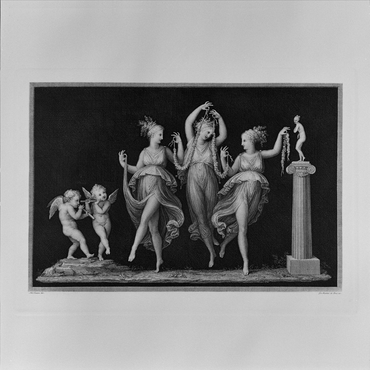 Le Grazie e due amorini danzano davanti alla statua di Venere (stampa) di De' Boni Giovan Martino (sec. XX)