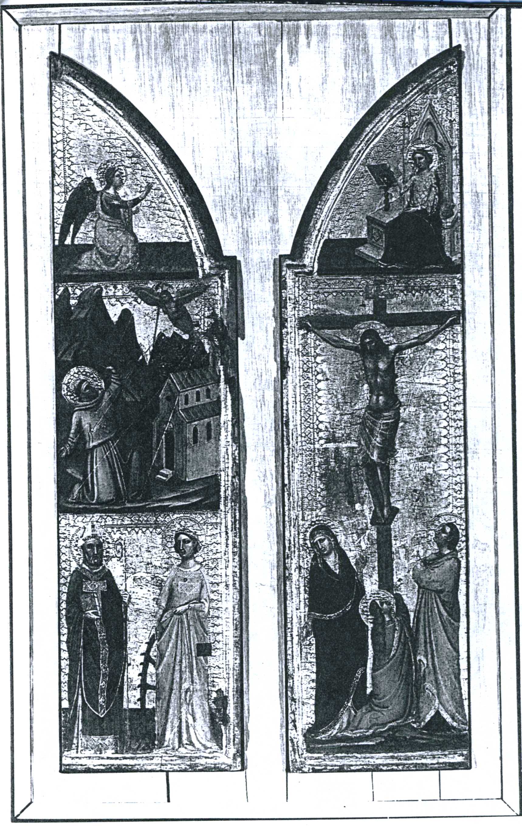 Due santi, Stimmate di san Francesco, Annunciazione e Crocifissione (dipinto) di Landini Jacopo detto Jacopo del Casentino (prima metà sec. XIV)