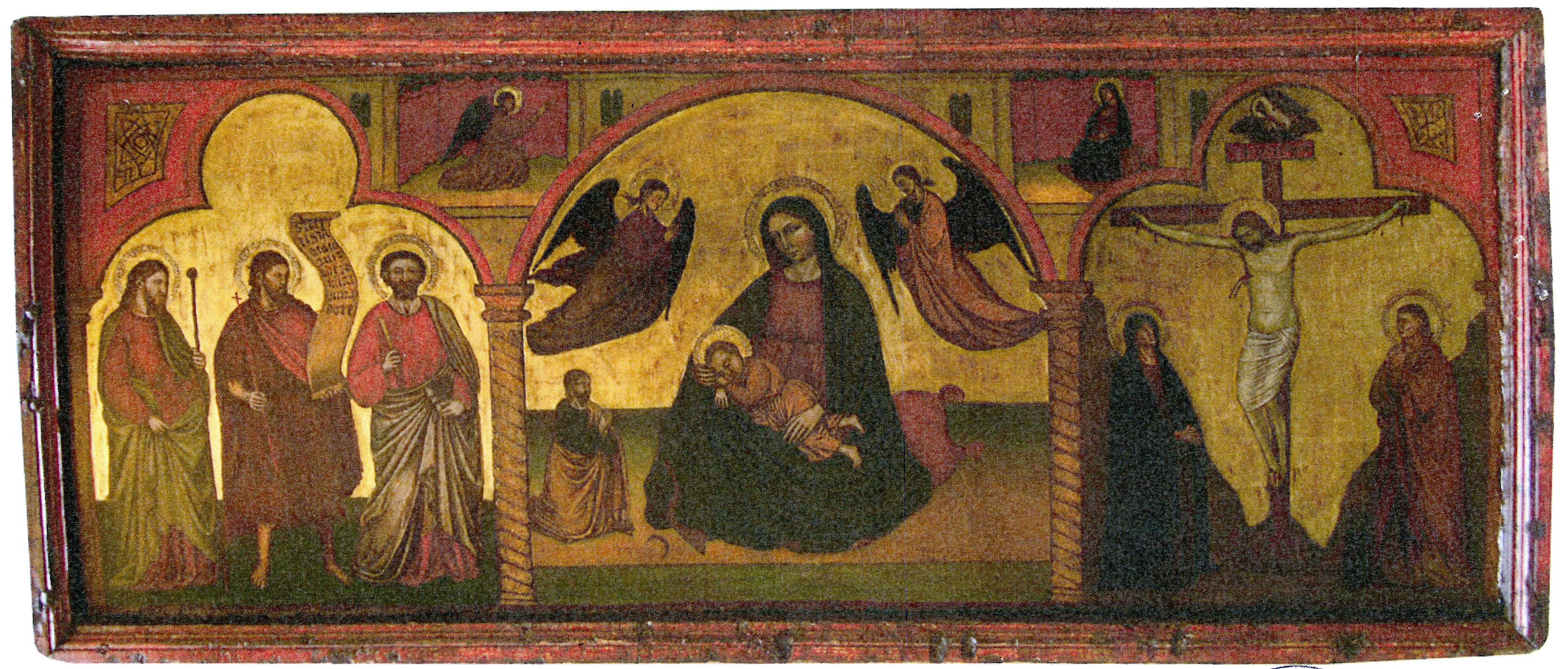 Madonna dell'Umiltà col Bambino dormiente, tre santi, la Crocifissione e l'Annunciazione (dipinto) di Jacopo da Verona (attribuito) (fine sec. XIV)