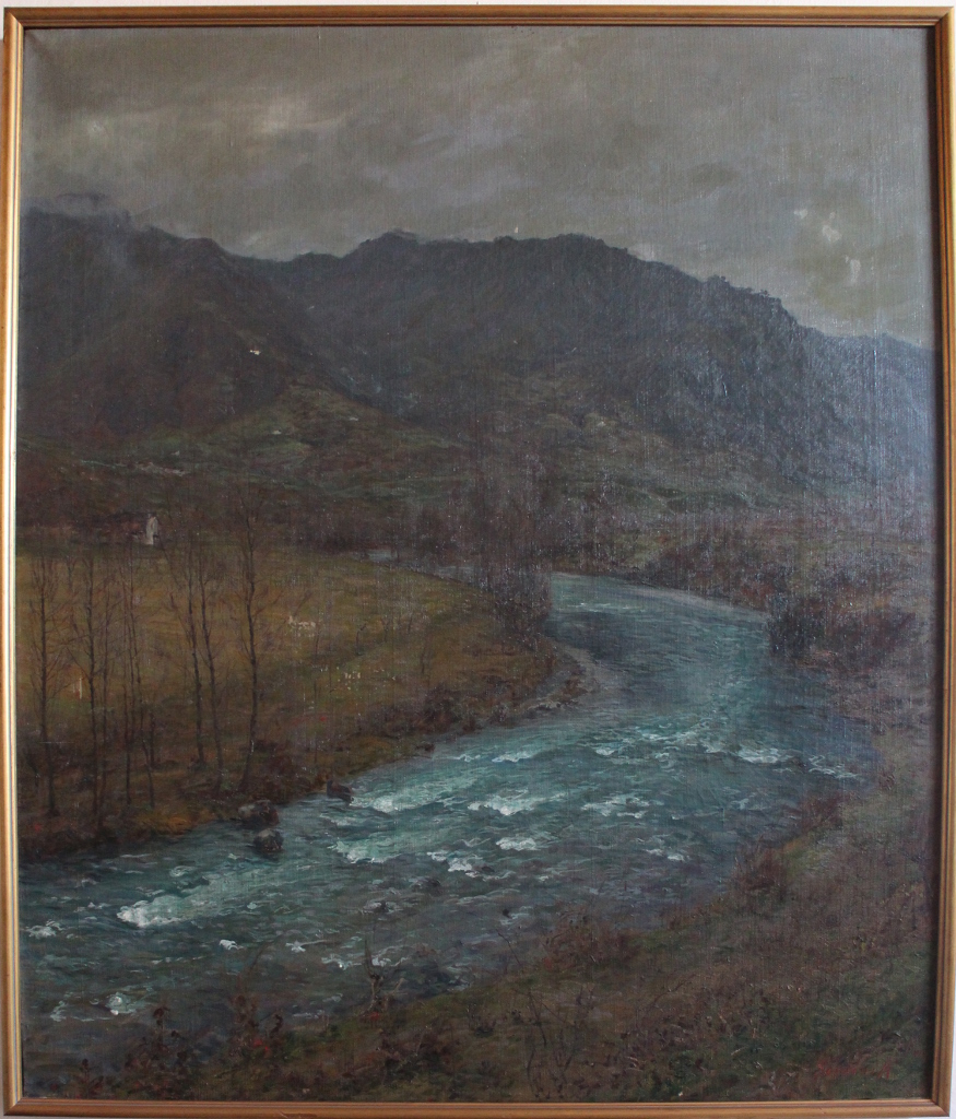 paesaggio montano con torrente (dipinto) di Soldini Arnaldo (sec. XX)