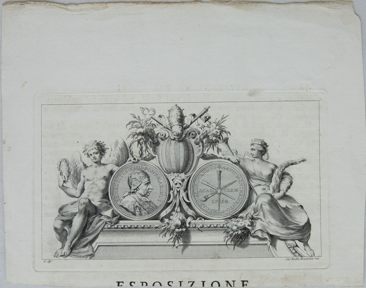 Figure allegoriche con ritratto di Papa Benedetto XIV (stampa) di Brustolon Giambattista, Tibaldi Pellegrino detto Pellegrino Pellegrini, Abbati Nicolò - ambito bolognese (sec. XVIII)