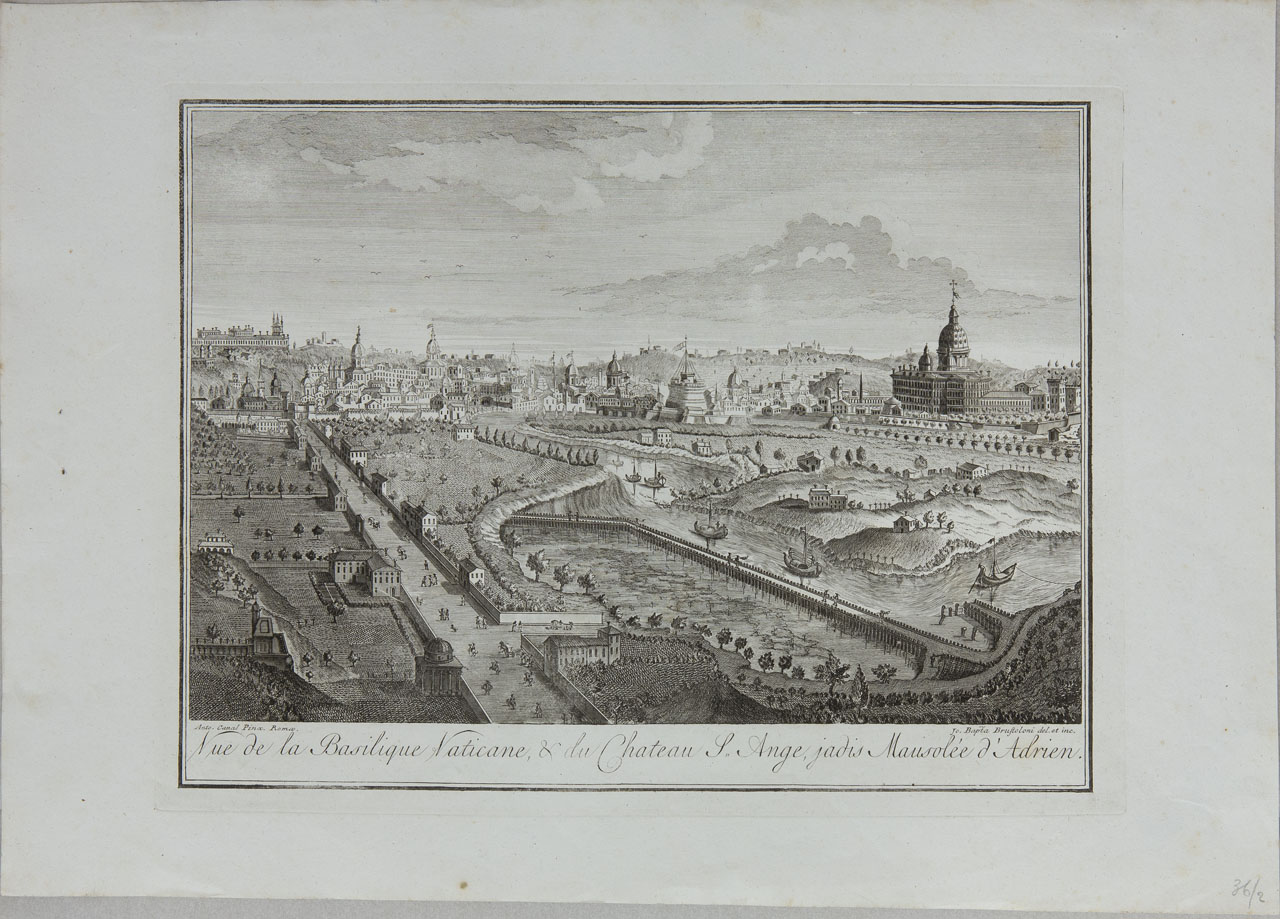 Veduta della Basilica Vaticana e del Castel San'Angelo (stampa, serie) di Brustolon Giambattista, Canal Giovanni Antonio - ambito veneto (sec. XVIII)