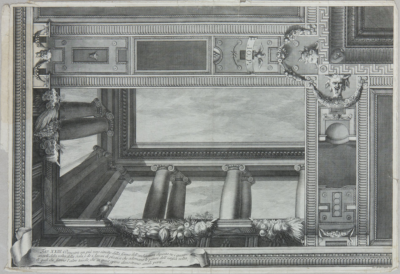 Tavola prospettica (stampa, elemento d'insieme) di Brustolon Giambattista, Carbone Angelo, Tibaldi Pellegrino detto Pellegrino Pellegrini, Abbati Nicolò - ambito bolognese (sec. XVIII)