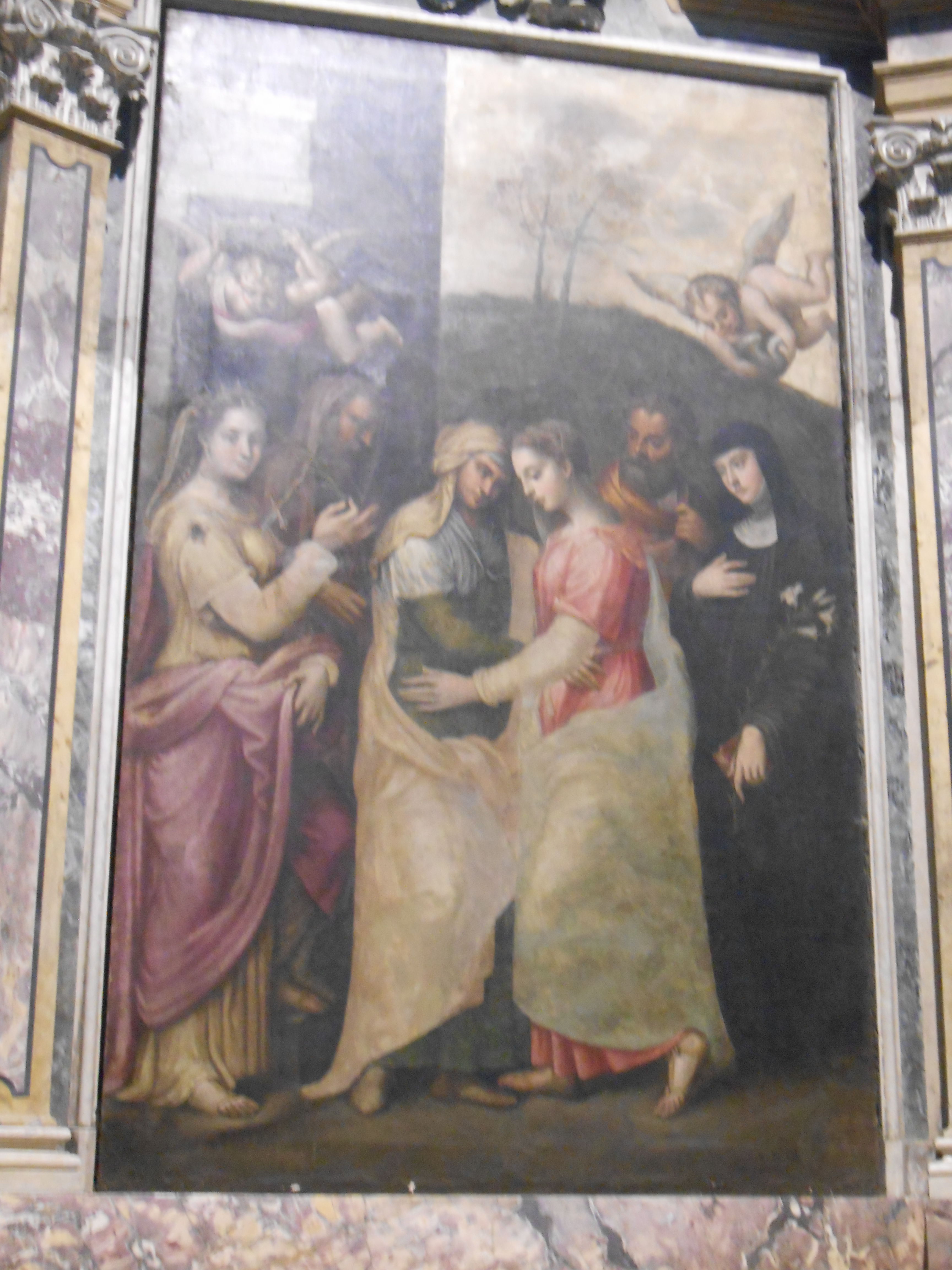 visitazione con Santa Giustina e Santa Scolastica (dipinto, opera isolata) di Ghisoni Fermo detto Fermo da Caravaggio (sec. XVI)