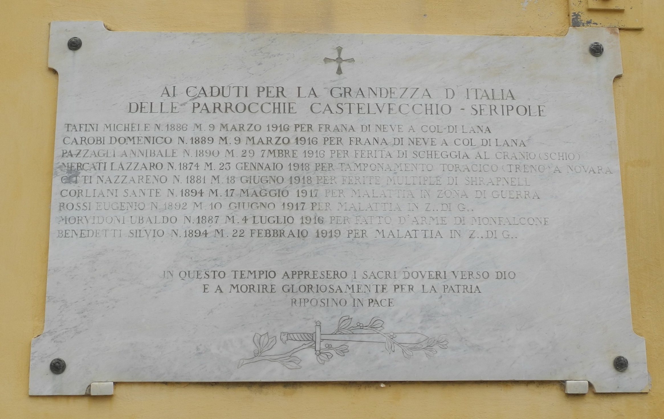 lapide commemorativa ai caduti, opera isolata - ambito Italia centrale (primo quarto sec. XX)