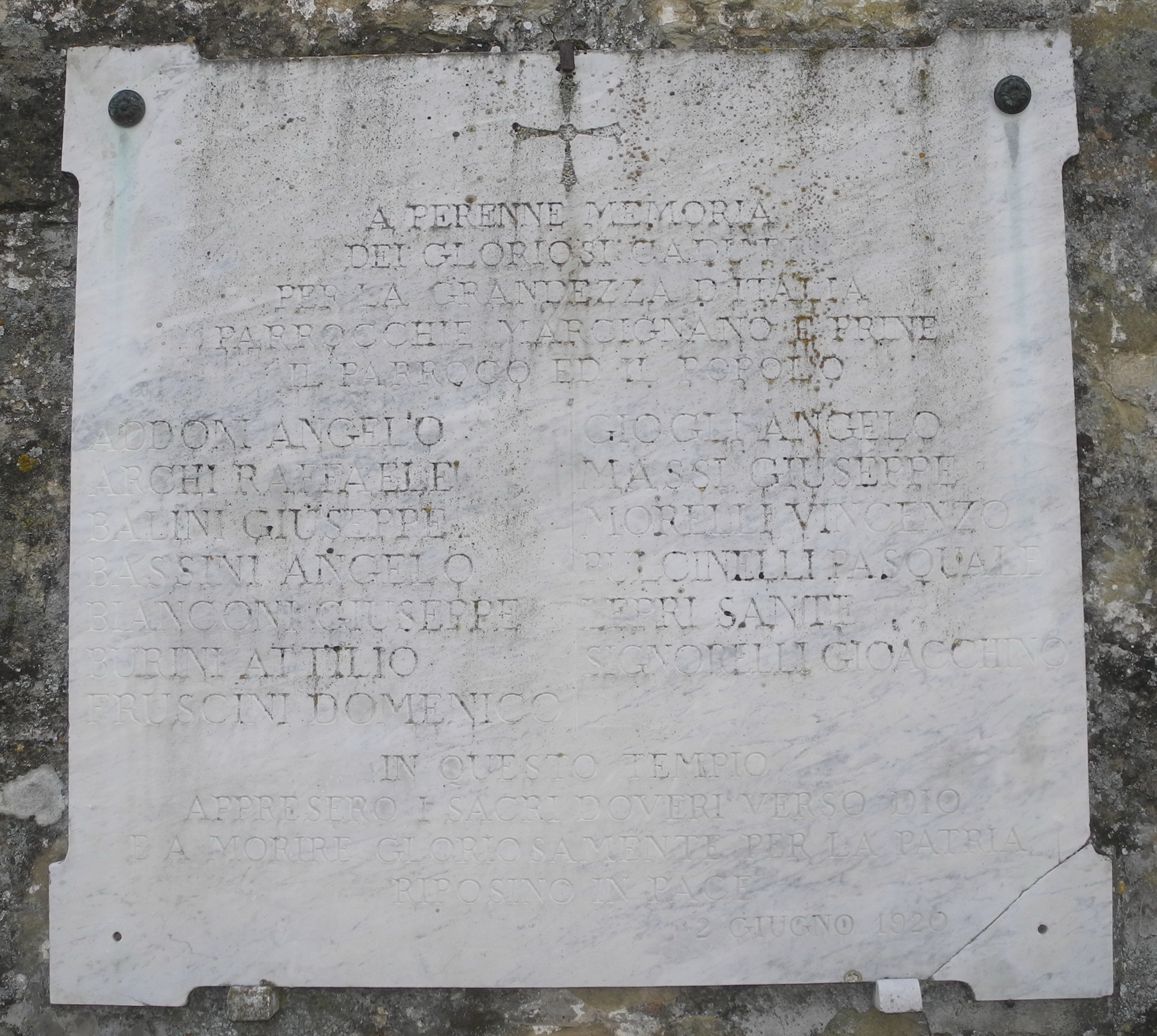 lapide commemorativa ai caduti, opera isolata - ambito Italia centrale (primo quarto sec. XX)