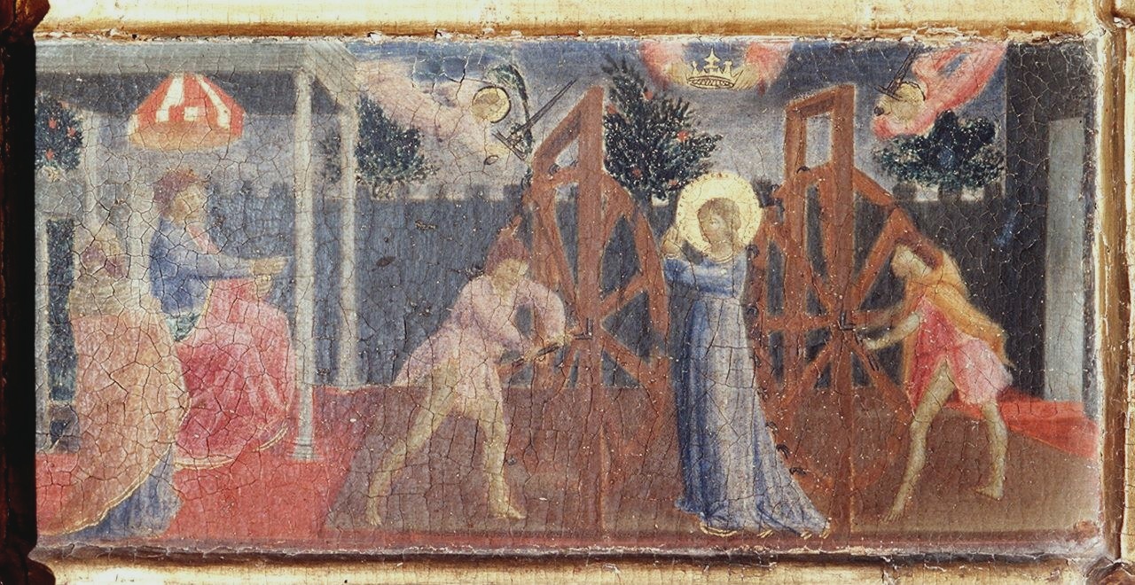 Santa Caterina d'Alessandria e il miracolo della ruota (scomparto di predella) di Manzini Andrea detto Andrea di Giusto (sec. XV)