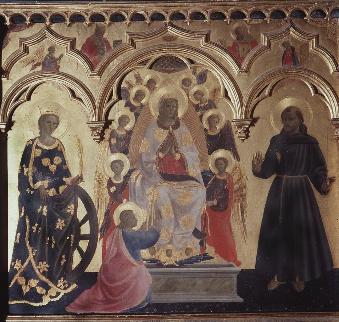 Madonna della Cintola, Santa Caterina d'Alessandria, San Francesco d'Assisi (pannello) di Manzini Andrea detto Andrea di Giusto (sec. XV)