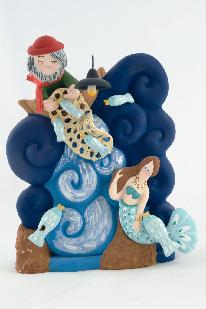 Pietro il pescatore, pescatore con rete e sirena (fischietto, a fessura interna, strumenti musicali) di Capasso Patrizia - laboratorio (2005)
