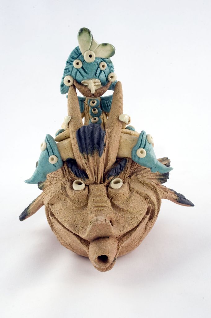 uomo su pesce (fischietto, a fessura interna, strumenti musicali) di Poloniato Diego (ceramista) - laboratorio (1989 post - 2015 ante)