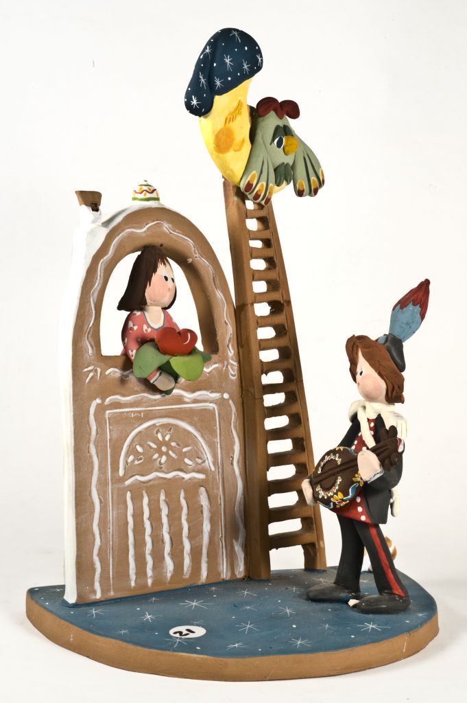 Promessa d'amore, carabiniere con chitarra e figura femminile (fischietto, a fessura interna, strumenti musicali) di Capasso Patrizia (ceramista) - laboratorio (2001)