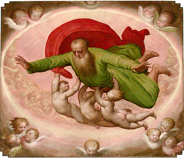 L'Eterno Padre in volo sostenuto da tre angeli, Dio Padre e cherubini (dipinto, opera isolata) di Campi Bernardino (sec. XVI)