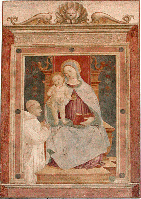 Madonna con Bambino in trono e monaco certosino (dipinto, opera isolata) di De Rossi Bernardino (attribuito) (inizio sec. XVI)