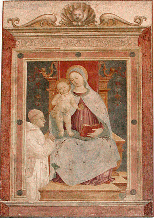 Madonna con Bambino in trono e monaco certosino (dipinto, opera isolata) di De Rossi Bernardino (attribuito) (inizio sec. XVI)