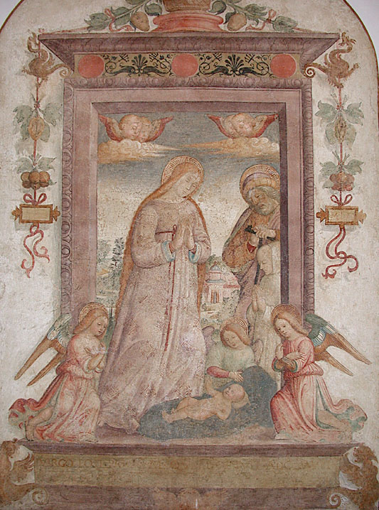 La Vergine, san Giuseppe, un certosino e tre angeli in adorazione del Bambino Gesù, adorazione di Gesù Bambino (dipinto, opera isolata) di De Rossi Bernardino (attribuito) (inizio sec. XVI)