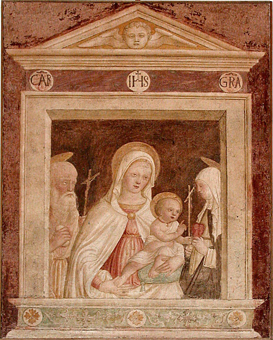 Madonna col Bambino tra Santa Caterina da Siena e San Gerolamo, Madonna con Bambino tra Santa Caterina e San Gerolamo (dipinto, opera isolata) di De Rossi Bernardino (attribuito) (inizio sec. XVI)