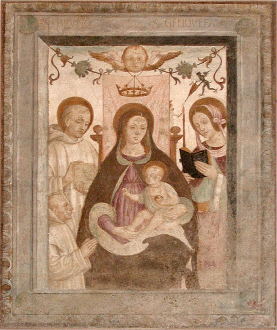 Madonna con Bambino tra San Bruno, Santa Genoveffa e certosino inginocchiato (dipinto, opera isolata) di De Rossi Bernardino (attribuito) (fine sec. XV)