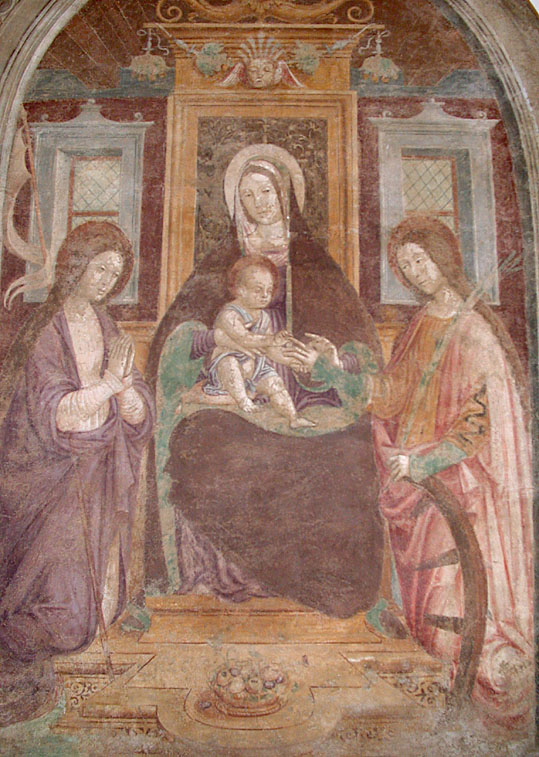 Madonna in trono col Bambino, Santa Caterina d'Alessandria e Santa Genoveffa, Madonna con Bambino tra Santa Caterina e Santa Genoveffa (dipinto, opera isolata) di De Rossi Bernardino (fine/ inizio secc. XV/ XVI)