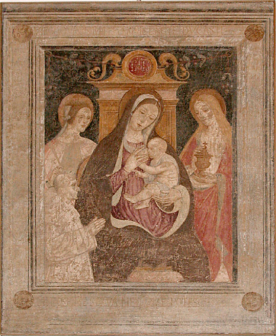 Madonna che allatta il Bambino, santa Maria Maddalena, Santa Caterina d'Alessandria e un certosino, Madonna del Latte e Santa Caterina d'Alessandria (dipinto, opera isolata) di De Rossi Bernardino (attribuito) (fine sec. XV)