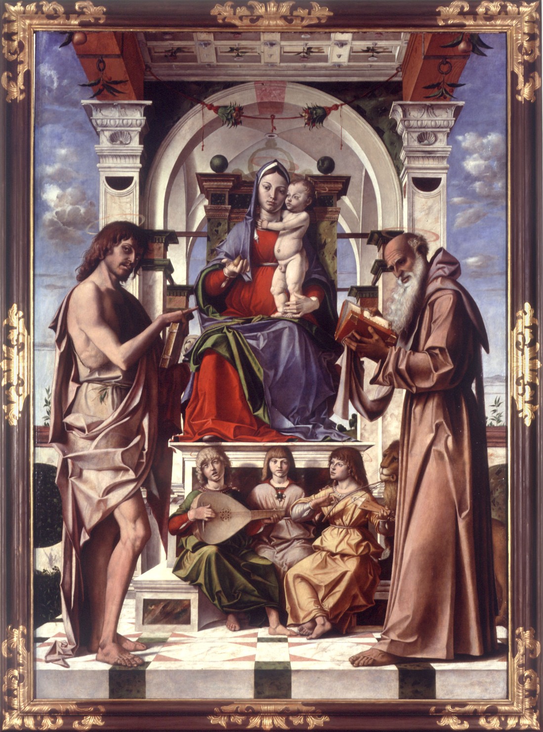 Madonna con Bambino in trono con San Giovanni Battista e San Girolamo e angeli musicanti (dipinto, opera isolata) di Montagna Bartolomeo (sec. XV)