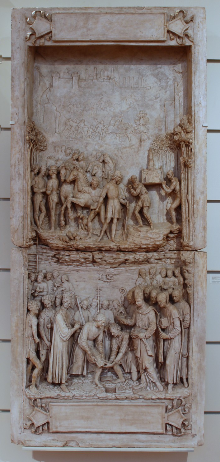 Gian Galeazzo Visconti posa la prima pietra della Certosa, fondazione del monastero da parte di Gian Galeazzo (calco di formella, opera isolata) di Pierotti Edoardo (attribuito) (sec. XIX)