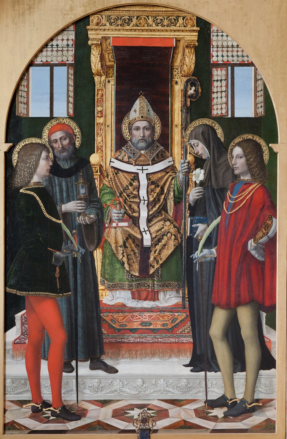 Sant'Ambrogio in cattedra tra San Gervasio, San Satiro, Santa Marcellina e San Protasio (pala d'altare, opera isolata) di Ambrogio da Fossano detto Bergognone (sec. XV)