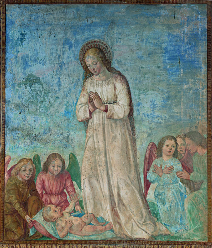 adorazione di Gesù Bambino (dipinto murale, opera isolata) di Ambrogio da Fossano detto Bergognone (attribuito) (fine sec. XV)