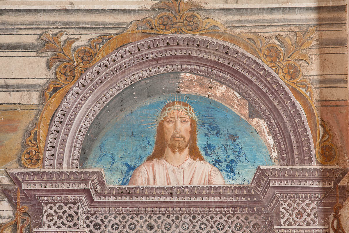 Uomo dei dolori (dipinto murale, opera isolata) di Ambrogio da Fossano detto Bergognone (attribuito) (fine sec. XV)