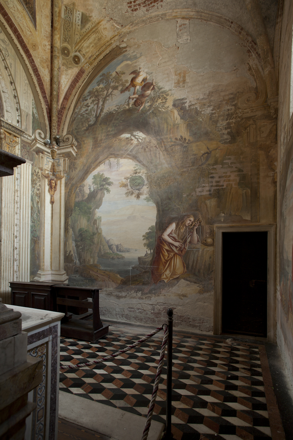 Santa Maria Maddalena penitente (parete sinistra), Santa Maria Maddalena approda a Marsiglia (parete frontale) (dipinto murale, complesso decorativo) di Bianchi Federico, Villa Francesco (attribuito) (sec. XVII)