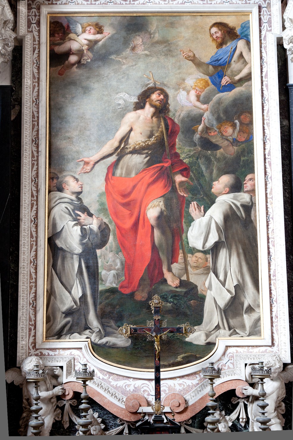 San Giovanni Battista intercede presso Cristo per conto di San Brunone, Sant'Ugo e due certosini (pala d'altare, opera isolata) di Carlone Giovanni Battista (sec. XVII)