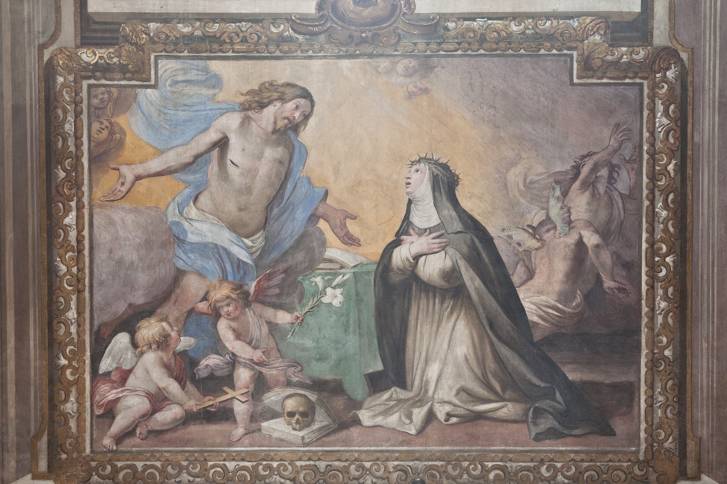 Flagellazione di Santa Caterina d'Alessandria (parete sinistra), Santa Caterina da Siena liberata dal demonio (parete frontale) (dipinto murale, complesso decorativo) di Carlone Giovanni Battista, Villa Francesco (attribuito) (sec. XVII)
