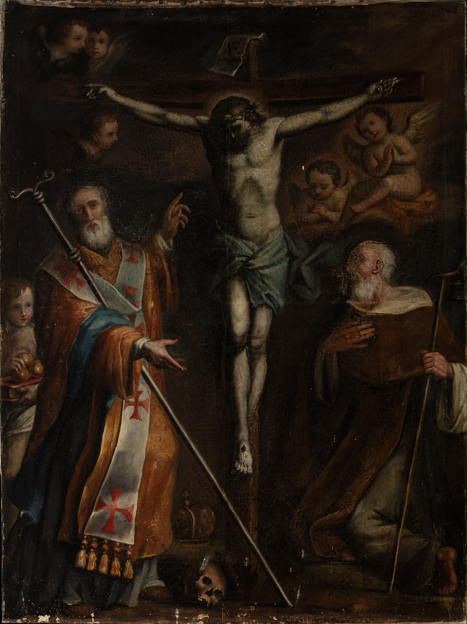 Cristo crocifisso tra San Nicola di Bari e Sant'Antonio Abate (dipinto) - ambito laziale (fine/ metà XVII-XVIII)