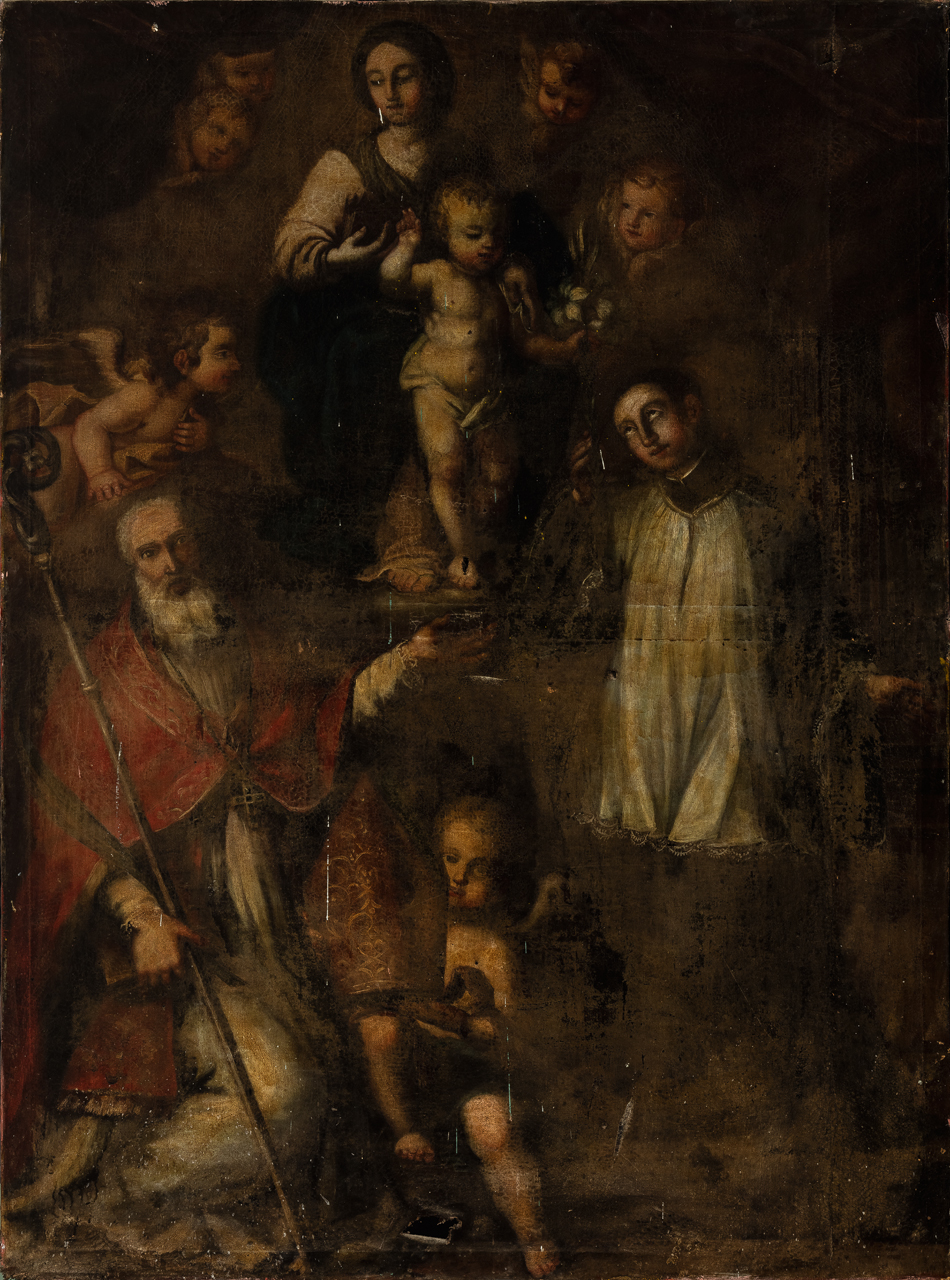 Madonna con Bambino e angeli tra San Vittorino vescovo e San Luigi Gonzaga (dipinto) - ambito laziale (seconda metà XVII)