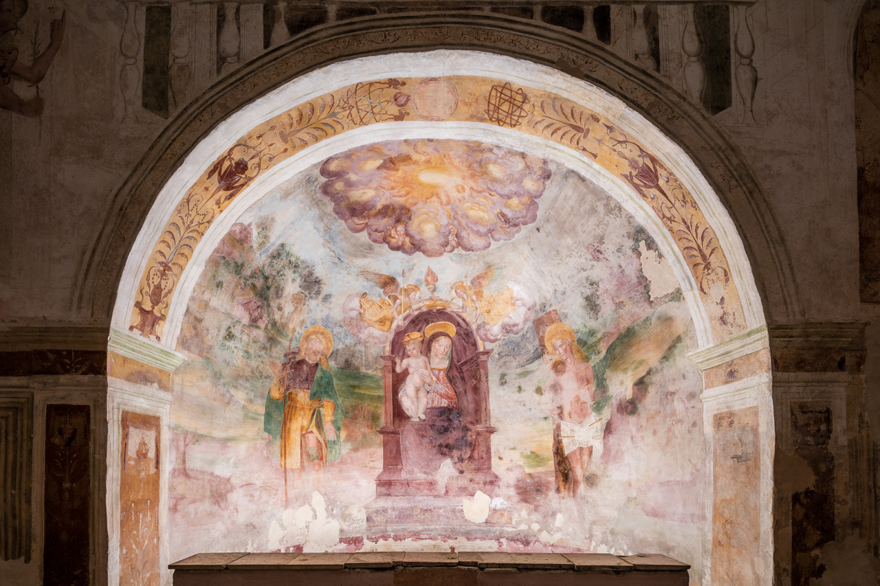 Madonna in trono con Bambino e angeli tra San Sebastiano e San Rocco (dipinto) - ambito laziale (prima metà XVI)
