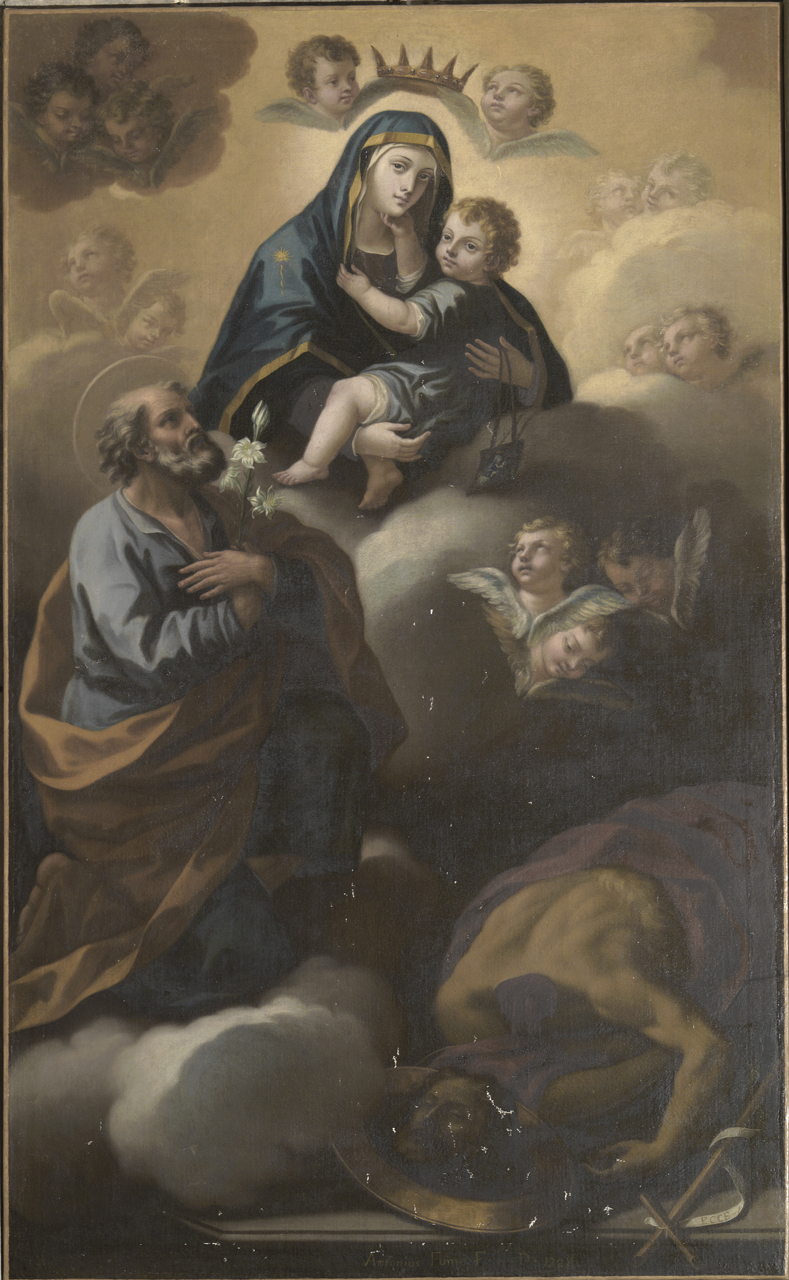 Madonna in maestà con San Giuseppe e San Giovanni Battista decollato (pala d'altare) di Fumo Antonio (XVIII)