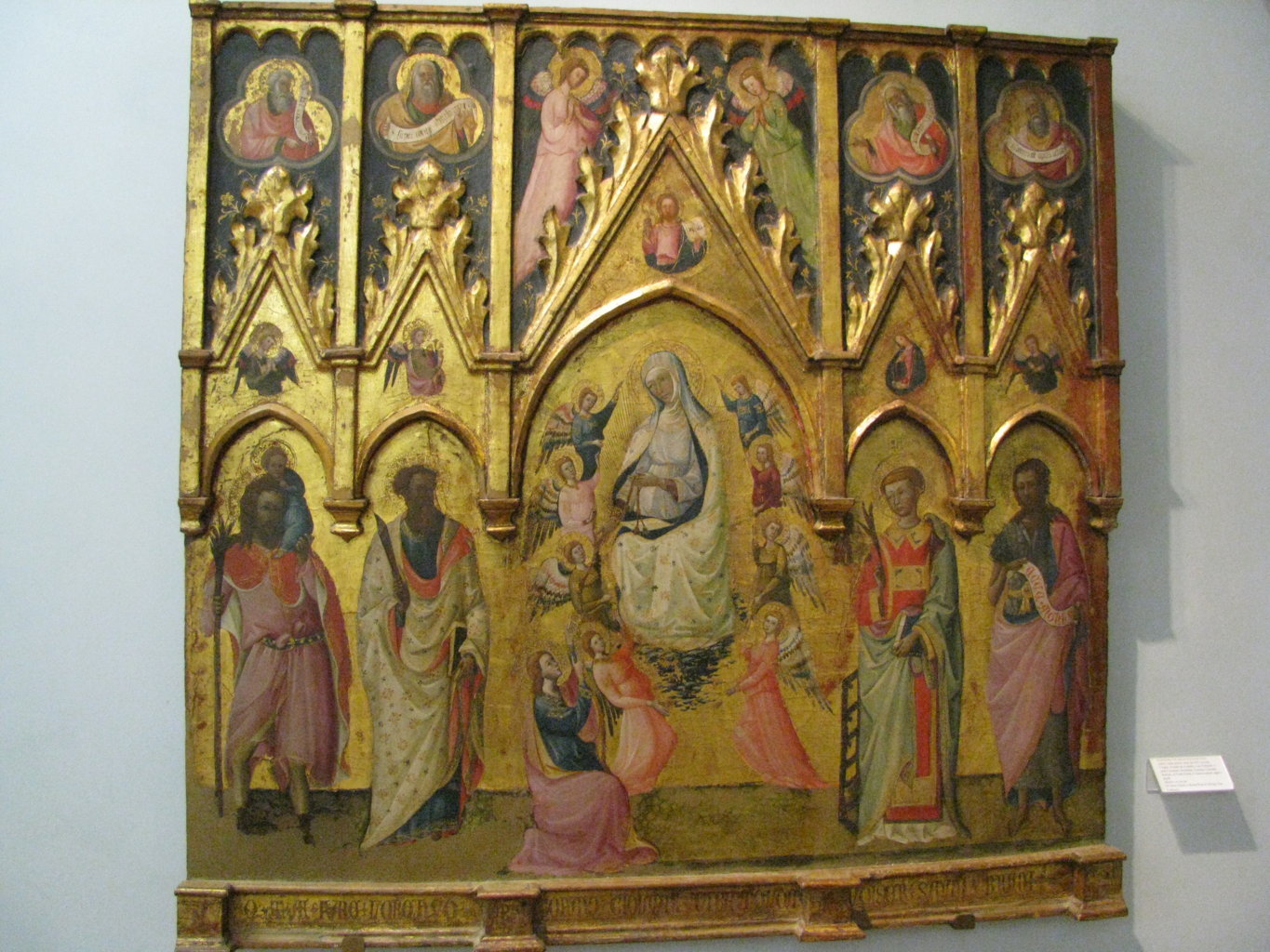 Vergine consegna la cintola a S. Tommaso, tra S. Cristoforo, S. Bartolomeo, S. Giovanni Battista e S. Lorenzo (polittico) di Maestro di Montefloscoli (attribuito) (sec. XV)