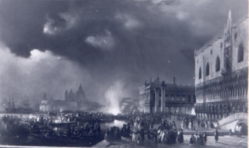 Festa notturna a Venezia in onore degli arciduchi Massimiliano e Carlotta, paesaggio (dipinto) di Caffi Ippolito - ambito veneto (seconda metà sec. XIX)