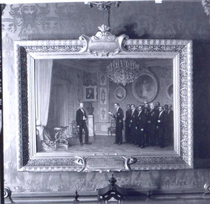 Massimiliano riceve la deputazione messicana che gli offre la corona del Messico, Massimiliano d'Asburgo (dipinto) di Dall'Acqua Cesare (attribuito) - ambito belga (sec. XIX)
