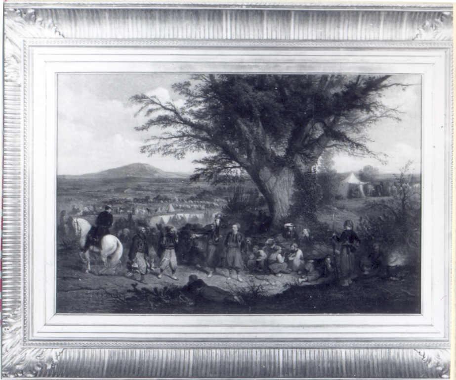 Sosta dell'Imperatrice Carlotta e della sua scorta di zuavi, paesaggio (dipinto) di Beauce, Jean Adolphe - ambito francese (seconda metà sec. XIX)