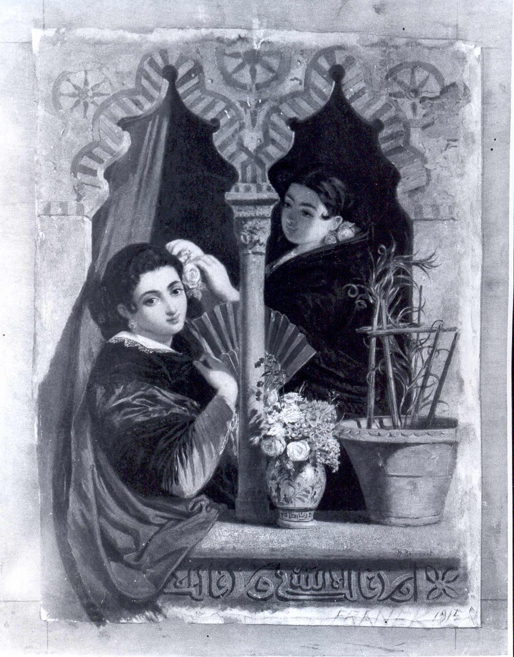 Donne spagnole che si affacciano da una bifora moresca, scena familiare (dipinto) di Reinhart, Heinrich - ambito austro-ungarico (terzo quarto sec. XIX)
