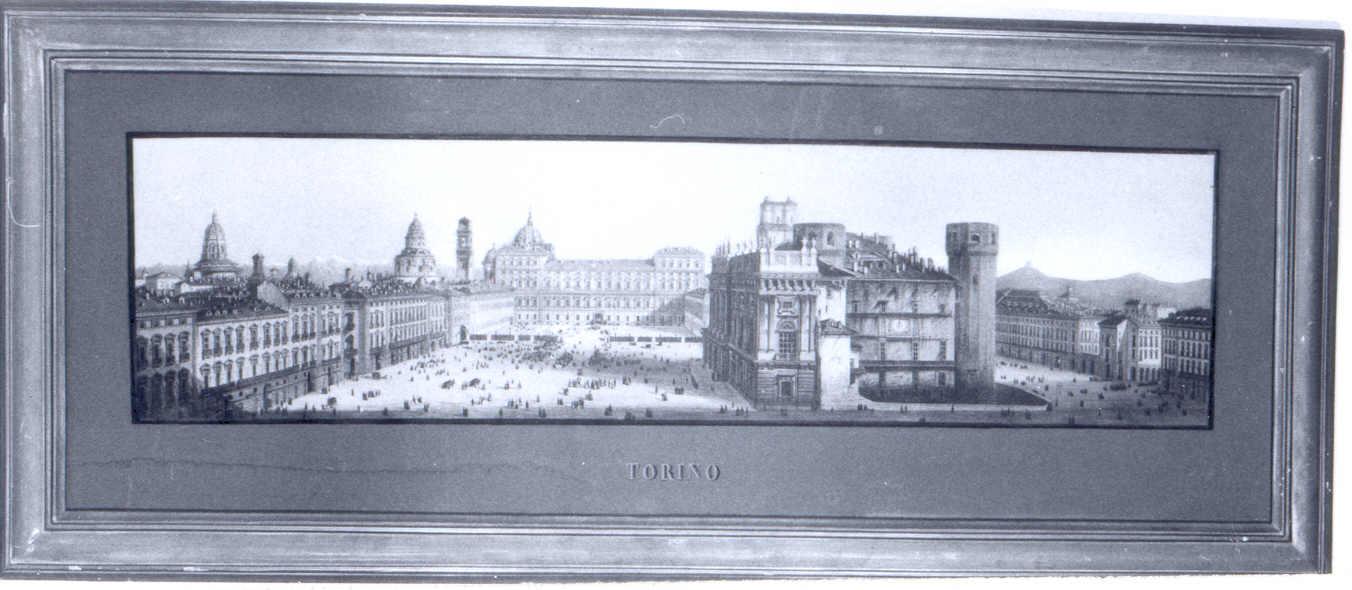Veduta di Torino con palazzo Reale e palazzo Madama, Veduta di città a volo d'uccello (litografia) di Gariboldi Gaetano (attribuito) (metà sec. XIX)