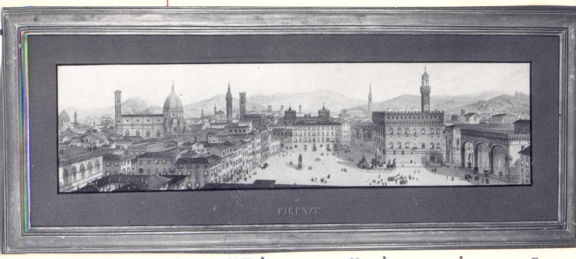 Veduta di Firenze con piazza della Signoria e Santa Maria del Fiore, Veduta di città a volo d'uccello (litografia) di Gariboldi Gaetano (attribuito) - ambito italiano (metà sec. XIX)