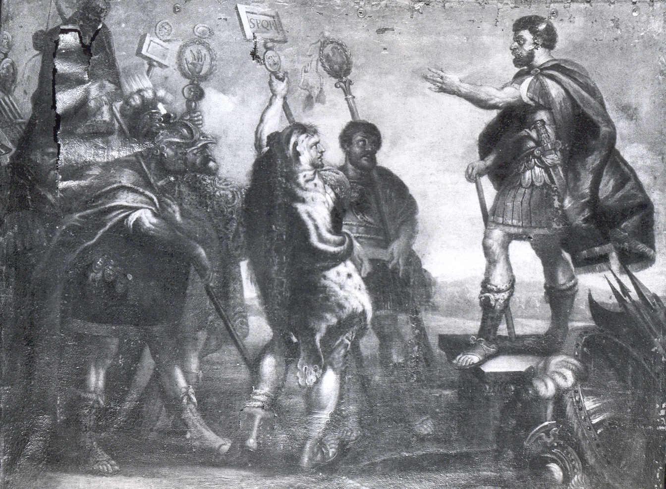 Il discorso di Marco Aurelio ai soldati, Episodio di storia romana con condottiero che arringa i soldati (dipinto) - ambito veneziano (sec. XVIII)