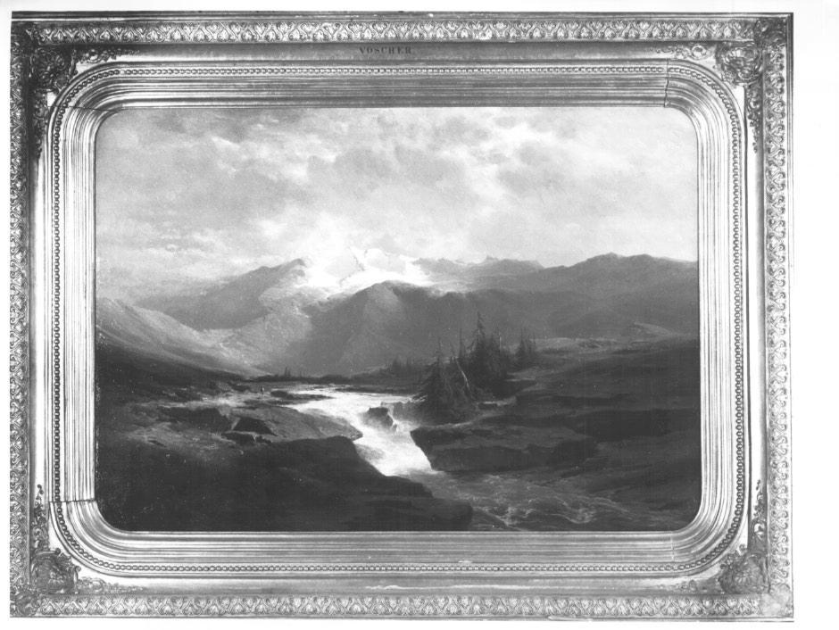 Paesaggio alpestre con torrente, paesaggio montano (dipinto) - ambito austriaco (metà sec. XIX)