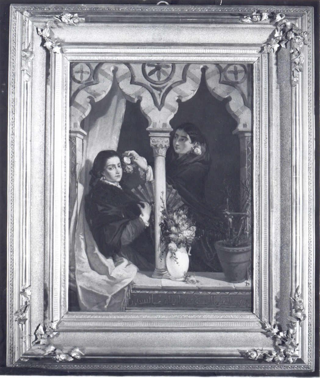 Donne spagnole che si affacciano da una bifora moresca con fiori, Giovani donne con ventaglio alla finestra (dipinto) di Reinhart Henrich (attribuito) (seconda metà sec. XIX)