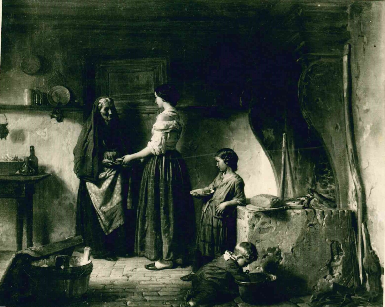 La Carità, interno con figura femminile (dipinto) di Rotta Antonio (attribuito) - ambito veneto (terzo quarto sec. XIX)