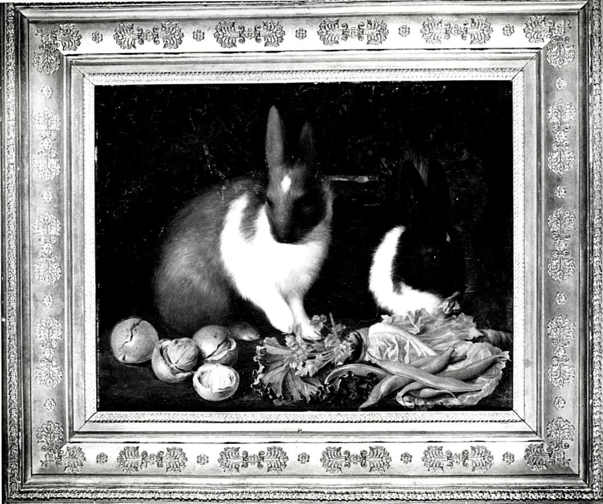natura morta con conigli frutta e verdura (dipinto, opera isolata) di Kröpsch Josef Wilhelm (sec. XIX)