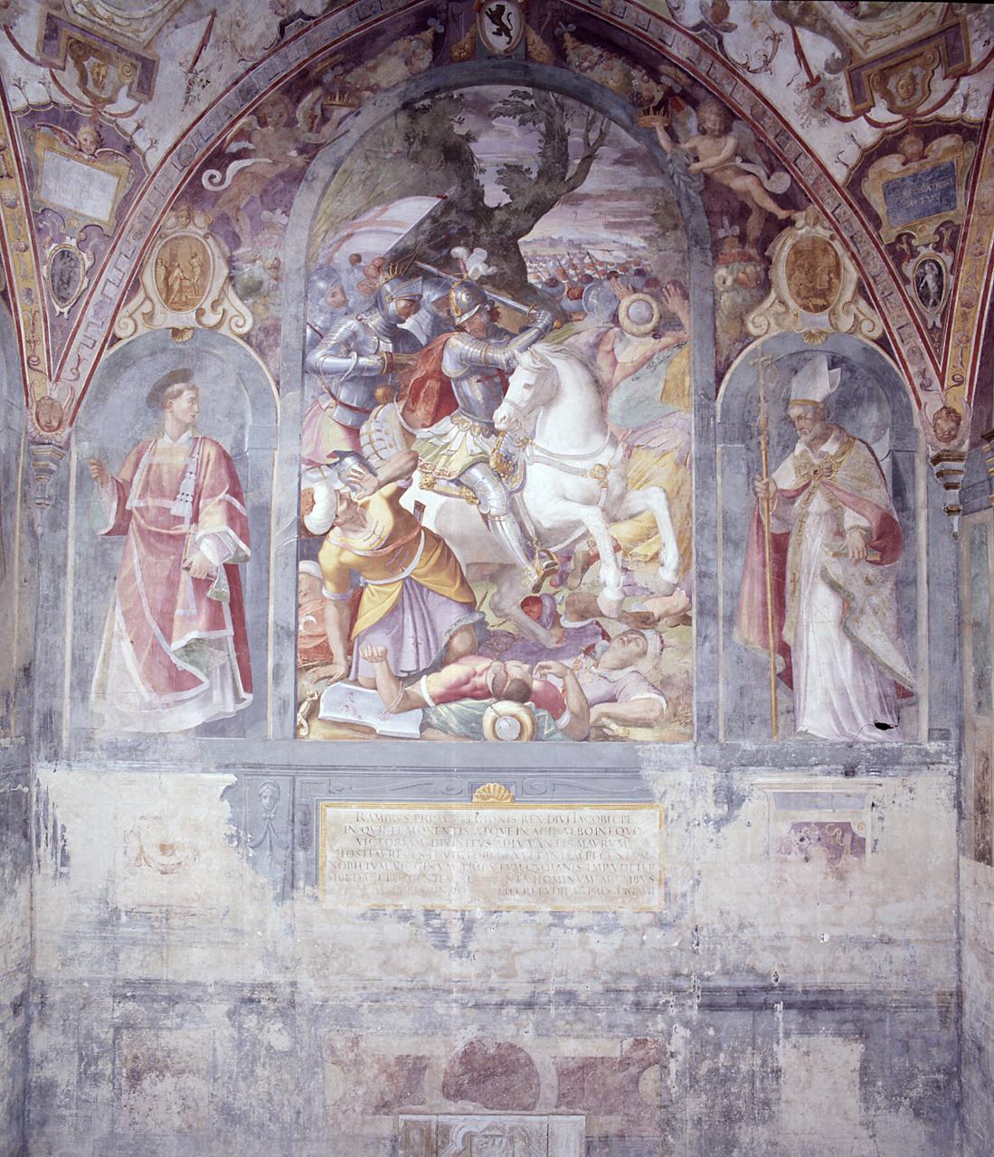 San Vincenzo, Sant'Isidoro, battaglia di Clavijo, martirio di San Vincenzo, predica di Sant'Isidoro (dipinto) di Allori Alessandro (sec. XVI)