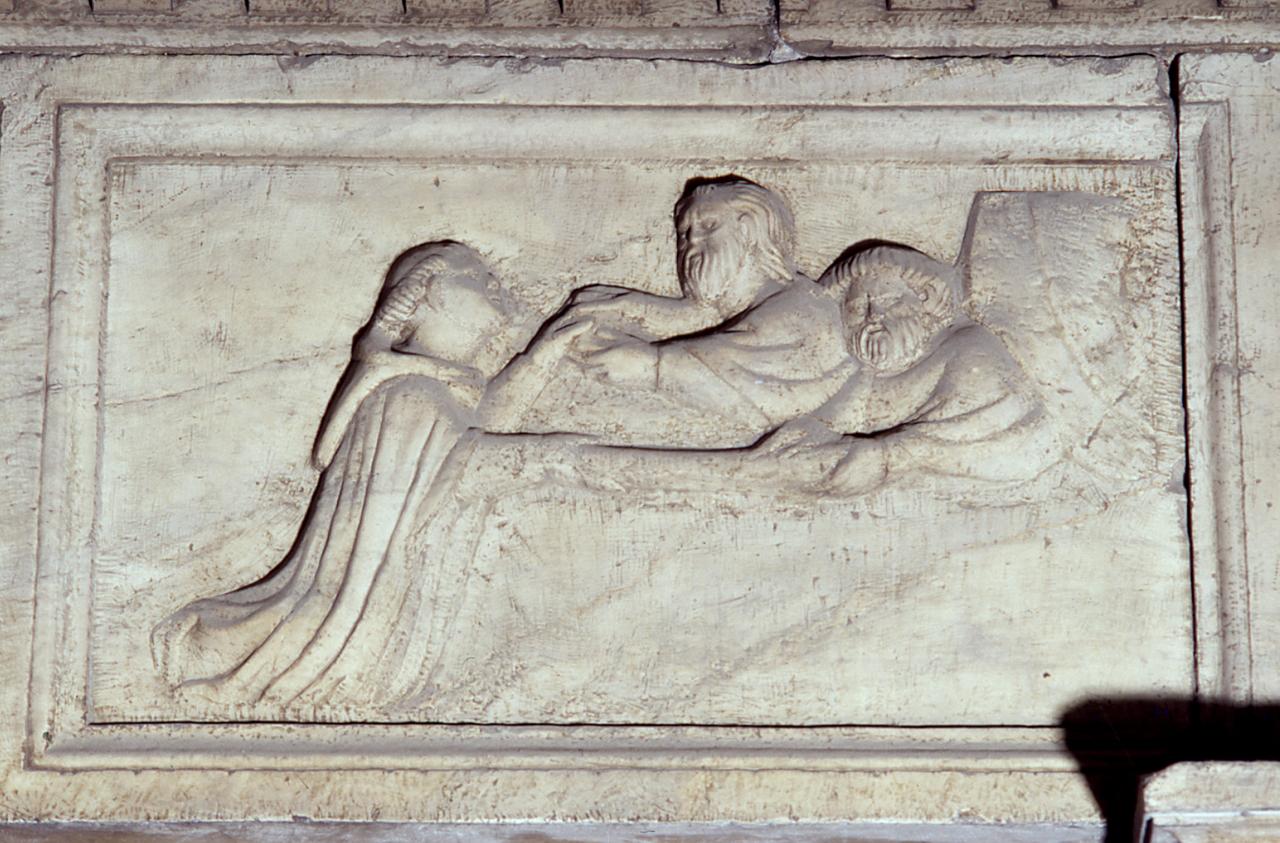 martirio di San Pietro martire, Cristo e San Pietro accolgono in cielo l'anima di San Pietro martire (mostra di portale) di Talenti Jacopo fra (sec. XIV)